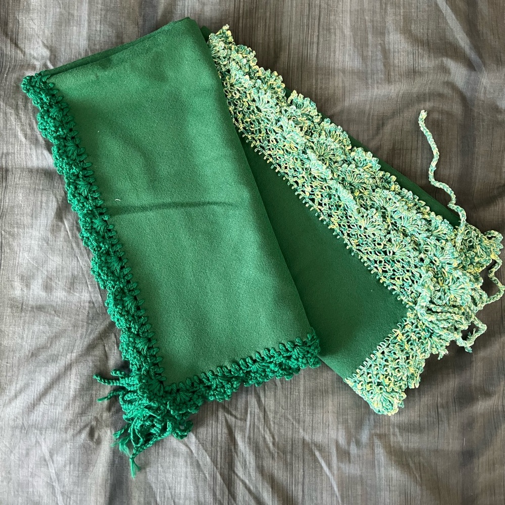Two 36” x 36” hand crocheted felt card table covers
